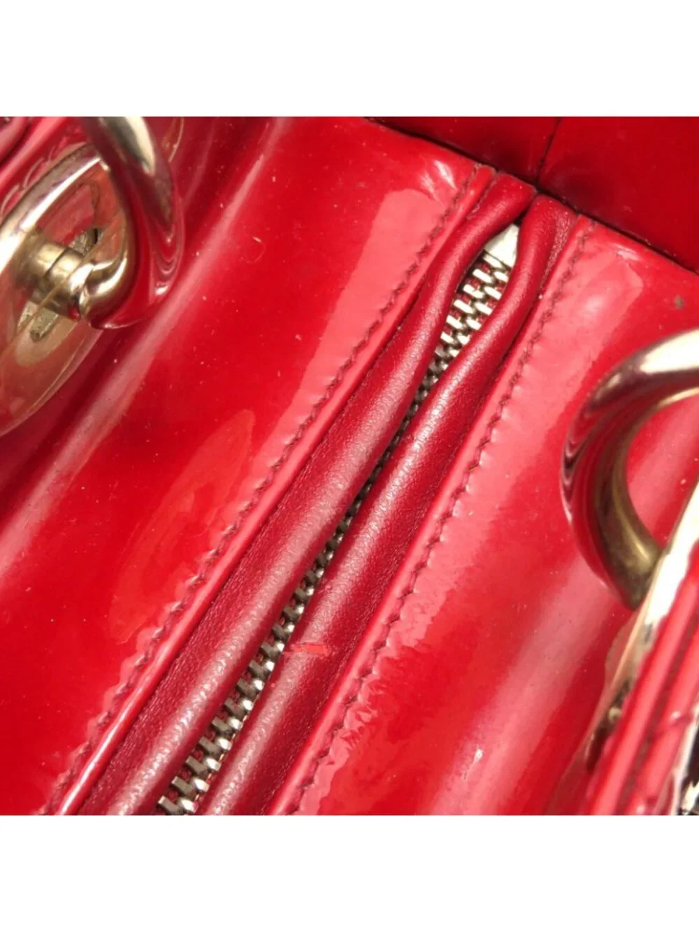 Dior Cannage Lady Dior Handbag Medium Red S Patent Leather Silver